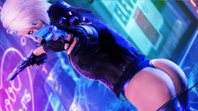 Обои картинки фото видео игры, cyberpunk 2077, девушка, фон, униформа, пистолет
