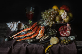 Картинка еда натюрморт вино краб виноград фрукты оливки лимон