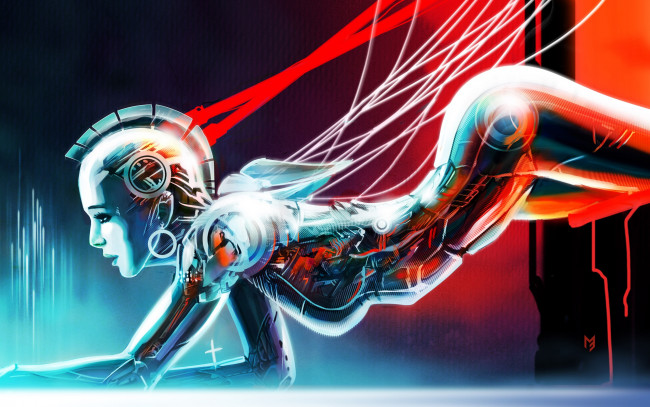 Обои картинки фото фэнтези, роботы,  киборги,  механизмы, девушка, робот, механизм, провода