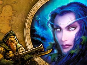 обоя видео игры, world of warcraft, эльфийка, листья, лицо, гном, оружие