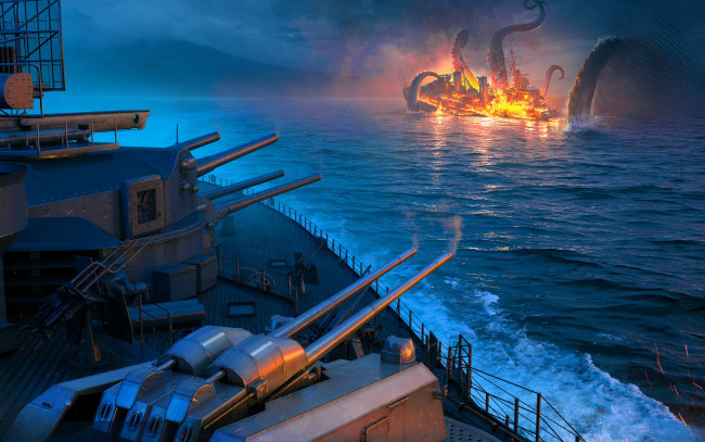 Обои картинки фото видео игры, world of warships, море, корабли, выстрел, пушки, кракен, щупальца, огонь
