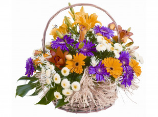 Картинка цветы букеты +композиции астры герберы лилии корзина