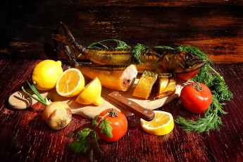 Картинка еда натюрморт селедка лимон помидоры