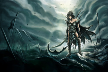 Картинка фэнтези девушки бой поле воин оружие девушка