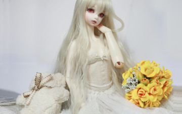 Картинка разное игрушки длинные волосы doll bjd кукла красные глаза мишка бантик платье цветы