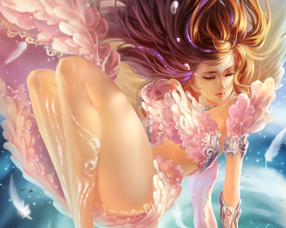 Обои картинки фото видео игры, legend of the cryptids, аниме, ангел, перья, крылья, девушка, арт, zwy-001, legend, of, the, cryptids