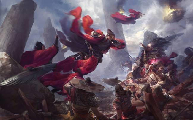 Обои картинки фото fenghua zhong, фэнтези, люди, разрушения, сражение