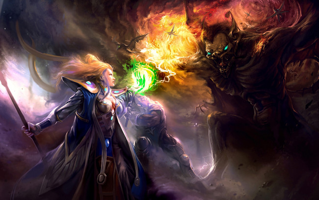 Обои картинки фото фэнтези, красавицы и чудовища, сражение, демон, магия, драконы, девушка