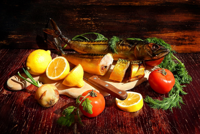 Обои картинки фото еда, натюрморт, селедка, лимон, помидоры