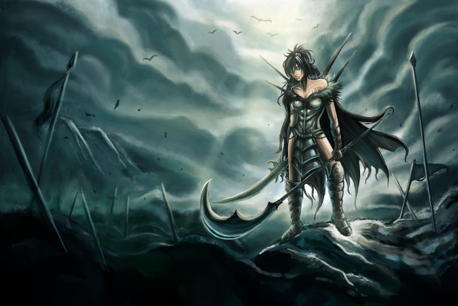 Обои картинки фото фэнтези, девушки, бой, поле, воин, оружие, девушка