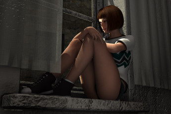 Картинка 3д+графика люди+ people окно фон взгляд девушка штора