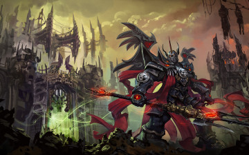 Картинка фэнтези роботы +киборги +механизмы замок тьма воин трезубец доспех шлем фэнтэзи
