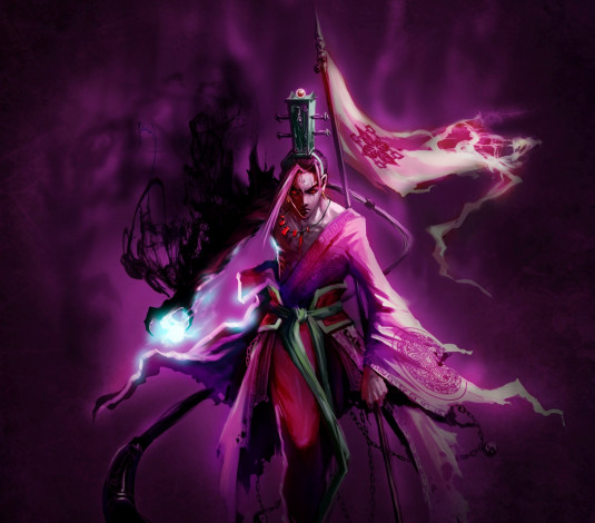 Обои картинки фото фэнтези, маги,  волшебники, парень, магия, маг, колдун, красные, глаза, знамя, флаг, арт