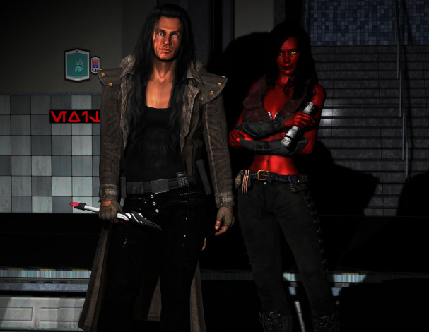 Обои картинки фото 3д графика, фантазия , fantasy, фон, оружие, мужчина, взгляд, девушка