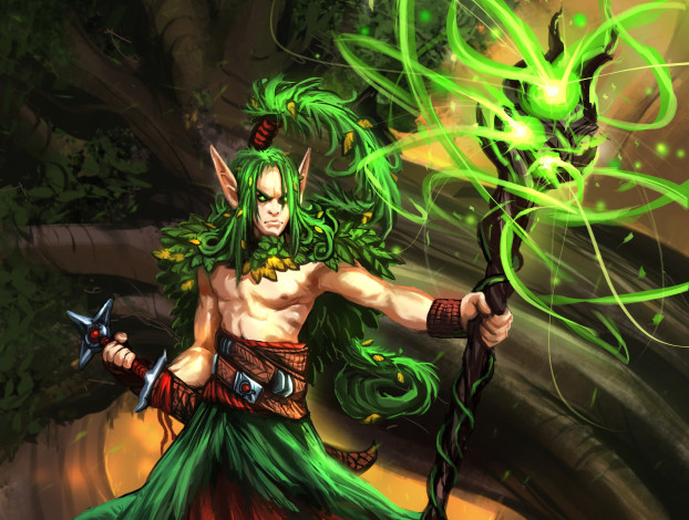 Обои картинки фото фэнтези, маги,  волшебники, парень, эльф, дерево, посох, магия, wizard, moshyong, арт