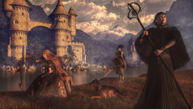 Обои картинки фото 3д графика, амазонки , amazon, девушки, собака, горы, замок, оружие, фон, взгляд