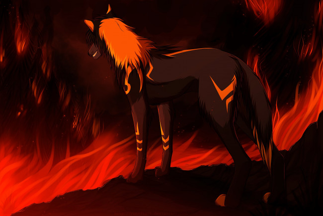 Обои картинки фото рисованное, животные,  волки, огонь, волк