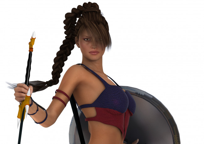 Обои картинки фото 3д графика, амазонки , amazon, девушка, взгляд, фон, оружие, коса