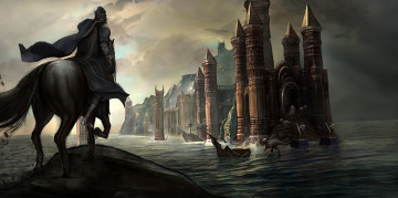 Картинка фэнтези замки замок доспехи рыцарь мир иной всадник существа динозавры