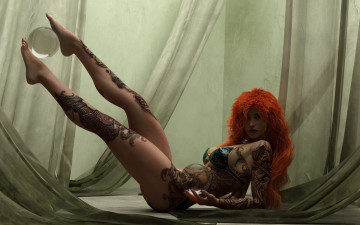 Картинка фэнтези девушки шторы белье шар татуировки рыжая девушка