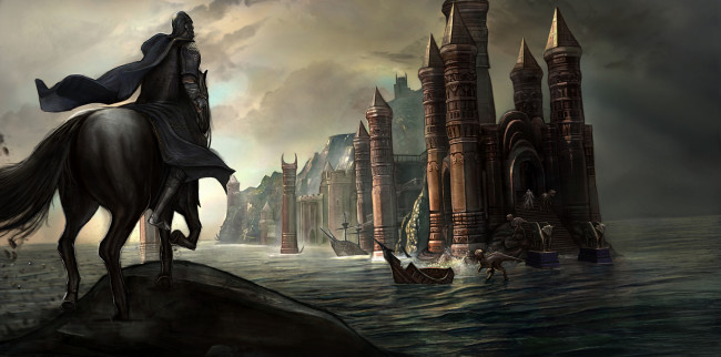 Обои картинки фото фэнтези, замки, замок, доспехи, рыцарь, мир, иной, всадник, существа, динозавры