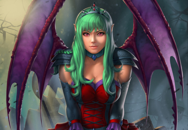 Обои картинки фото фэнтези, демоны, арт, вампирша, взгляд, зеленые, волосы, крылья
