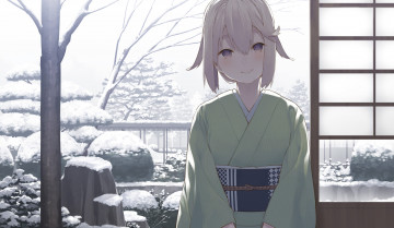 Картинка аниме зима +новый+год +рождество фон взгляд девушка