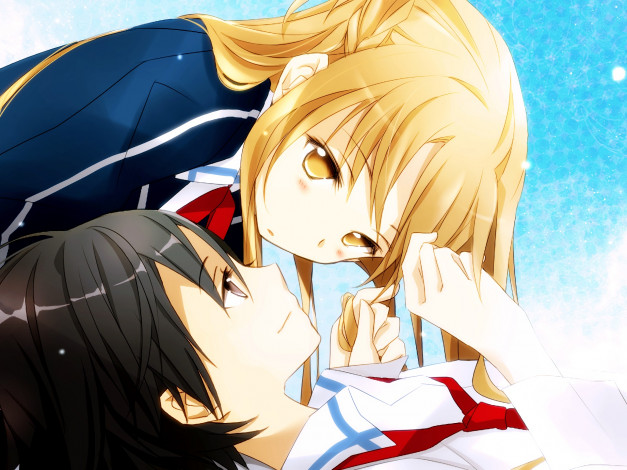 Обои картинки фото аниме, sword art online, взгляд, фон, девушки