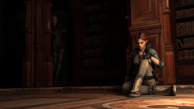 Обои картинки фото видео игры, resident evil 5, униформа, девушка, фон, библиотека
