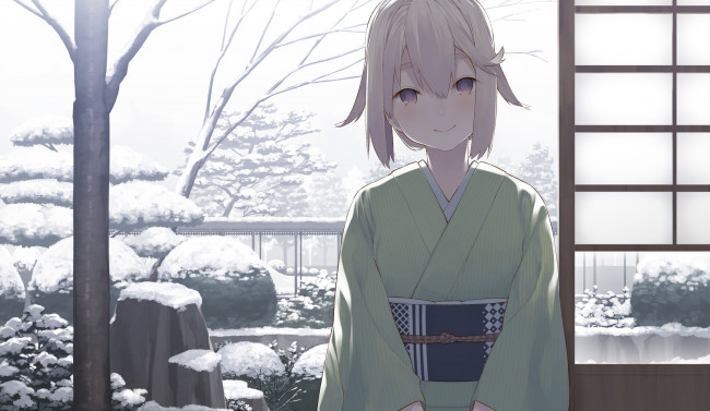 Обои картинки фото аниме, зима,  новый год,  рождество, фон, взгляд, девушка