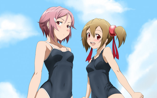 Обои картинки фото аниме, sword art online, фон, взгляд, девушки