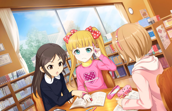 Обои картинки фото аниме, idolm@ster, фон, девушки, взгляд