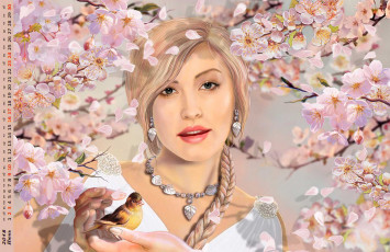 Картинка календари рисованные +векторная+графика ветки лицо дерево птица взгляд девушка