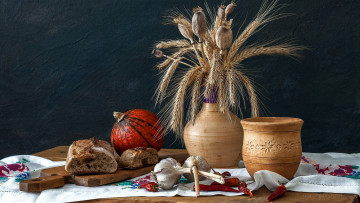 Картинка еда натюрморт перец хлеб тыква мак чеснок