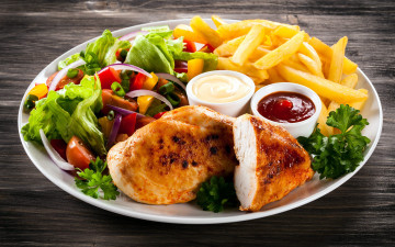 Картинка еда мясные+блюда картофель кетчуп мясо отбивная салат