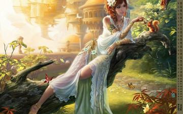 Картинка календари фэнтези белка дерево здание девушка