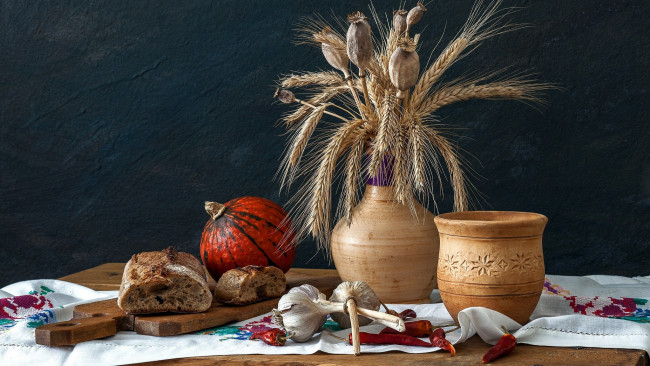 Обои картинки фото еда, натюрморт, перец, хлеб, тыква, мак, чеснок