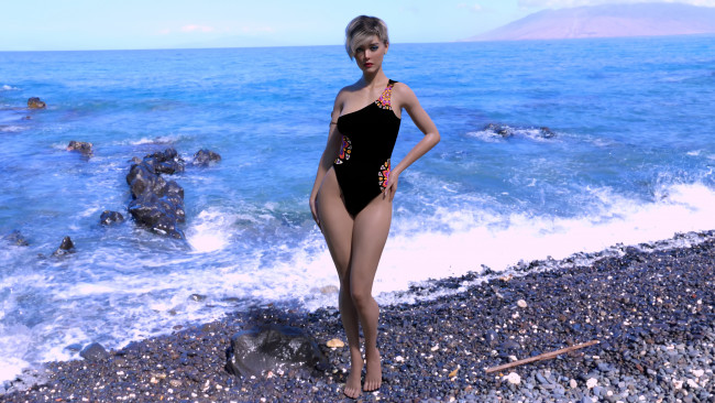 Обои картинки фото 3д графика, люди , people, девушка, фон, взгляд, море, пляж, купальник