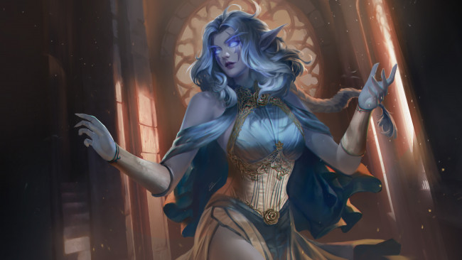 Обои картинки фото видео игры, world of warcraft, девушка, фон, взгляд, платье