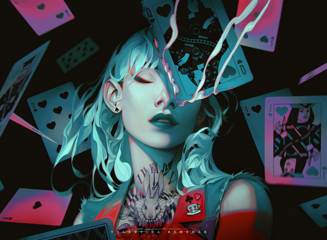 Обои картинки фото рисованное, valentina remenar, девушка, лицо, алиса, тату, карты