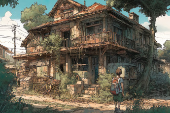 Картинка аниме город +улицы +интерьер +здания старый заросший дом