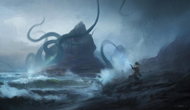 Обои картинки фото фэнтези, существа, маг, море, скала, щупальца