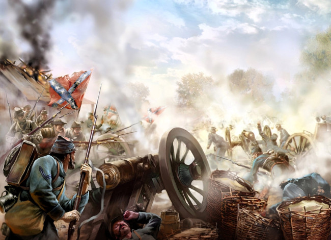 Обои картинки фото видео игры, american conquest,  divided nation, война, американцы, дым, флаг, пушка, корзины, солдаты