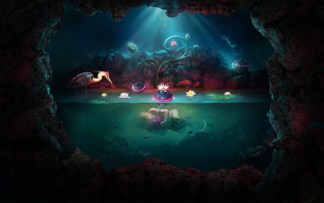 Обои картинки фото adam, spizak, фэнтези, иные, миры, времена, лилии, пещера, младенец, цапля