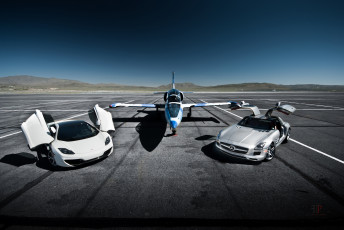 Картинка автомобили разные вместе mclaren mp4-12c mercedes-benz sls amg aero l-39 albatros самолёт