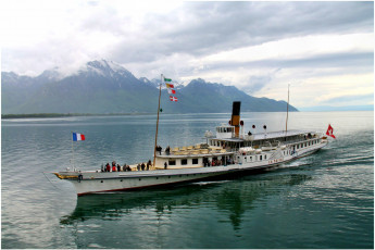 Картинка корабли пароходы вымпелы флаг фьорд колесный пароход море