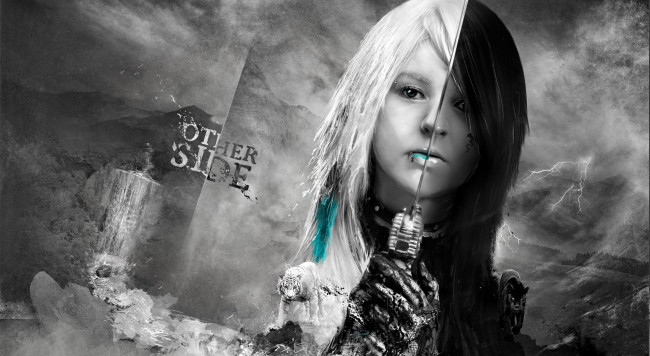 Обои картинки фото other, side, фэнтези, девушки, девушка, меч, тигр, молнии, горы, водопад