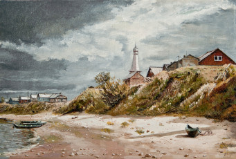 Картинка рисованные живопись река дома лодки