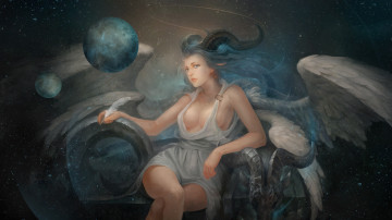 Картинка фэнтези существа эротика арт демоница рога взгляд поза грудь звезды