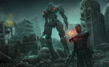 Картинка фэнтези роботы +киборги +механизмы меч фантастика робот киборг руины город арт